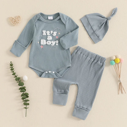 Baby Boys/Girls 3PCS Outfit, Long Sleeve Crew Neck, Letter Embroidery Romper, Solid Color Pants & Hat