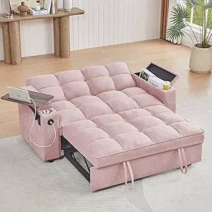 65'' 3-in-1 Queen Size Pullout Sofa, Modern Chenille Fabric, 360° Swivel Side Table