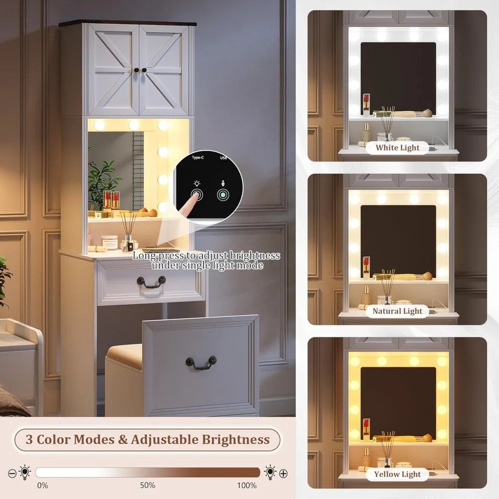 Compact Vanity with Mirror and Lights w/Storage Drawers & Shelves