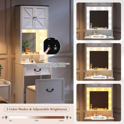 Compact Vanity with Mirror and Lights w/Storage Drawers & Shelves