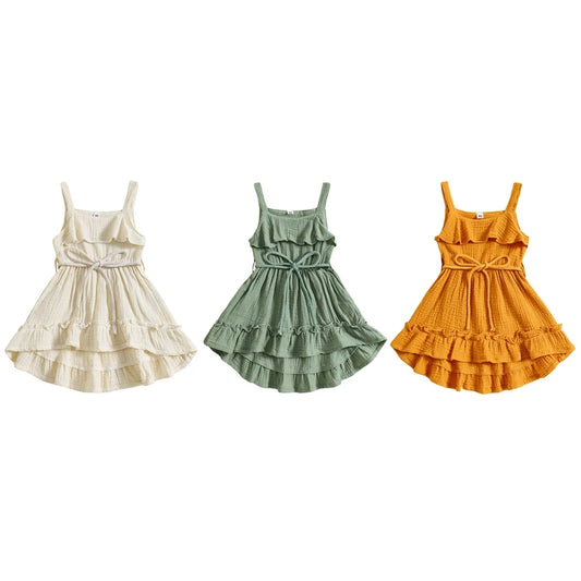 6 MO-4Y Girl Summer Dress, Casual Sleeveless, Square Neck, Belted Dress