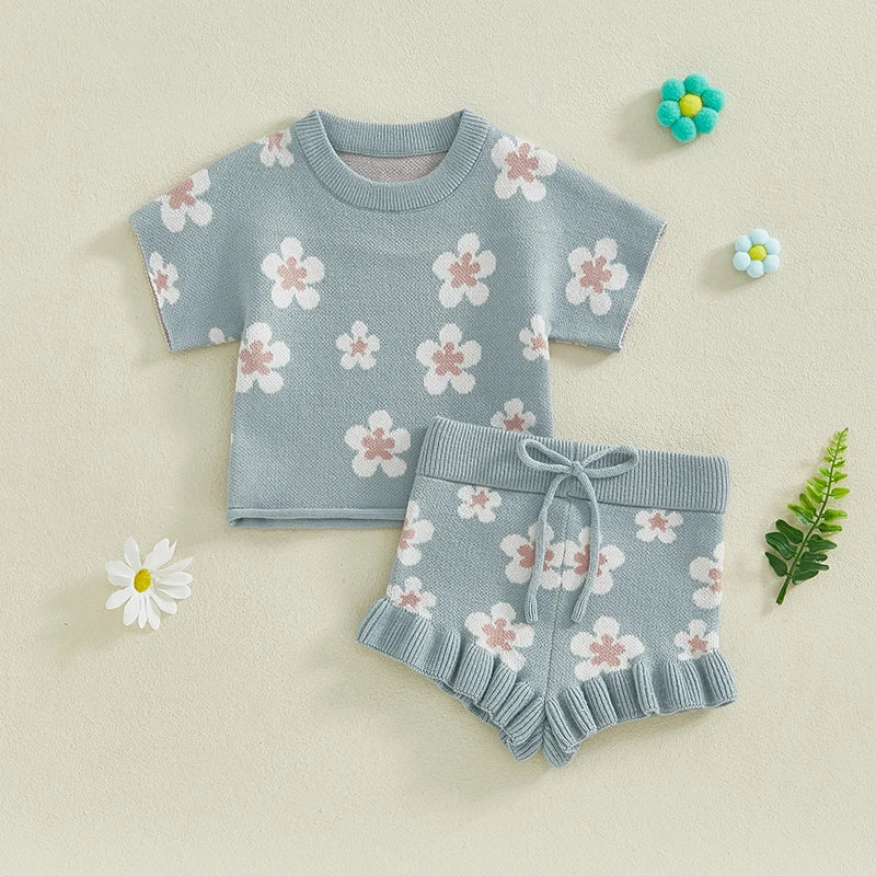 Infant/Toddler Baby Girl Clothes Set, Short Sleeve Floral Print Knit Tops+Shorts