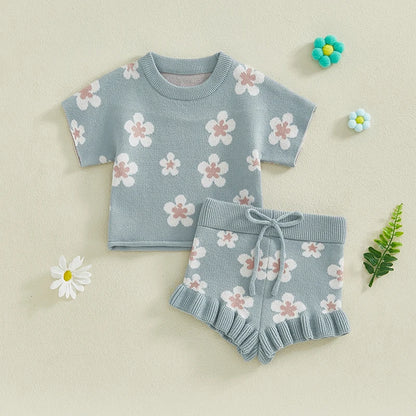 Infant/Toddler Baby Girl Clothes Set, Short Sleeve Floral Print Knit Tops+Shorts