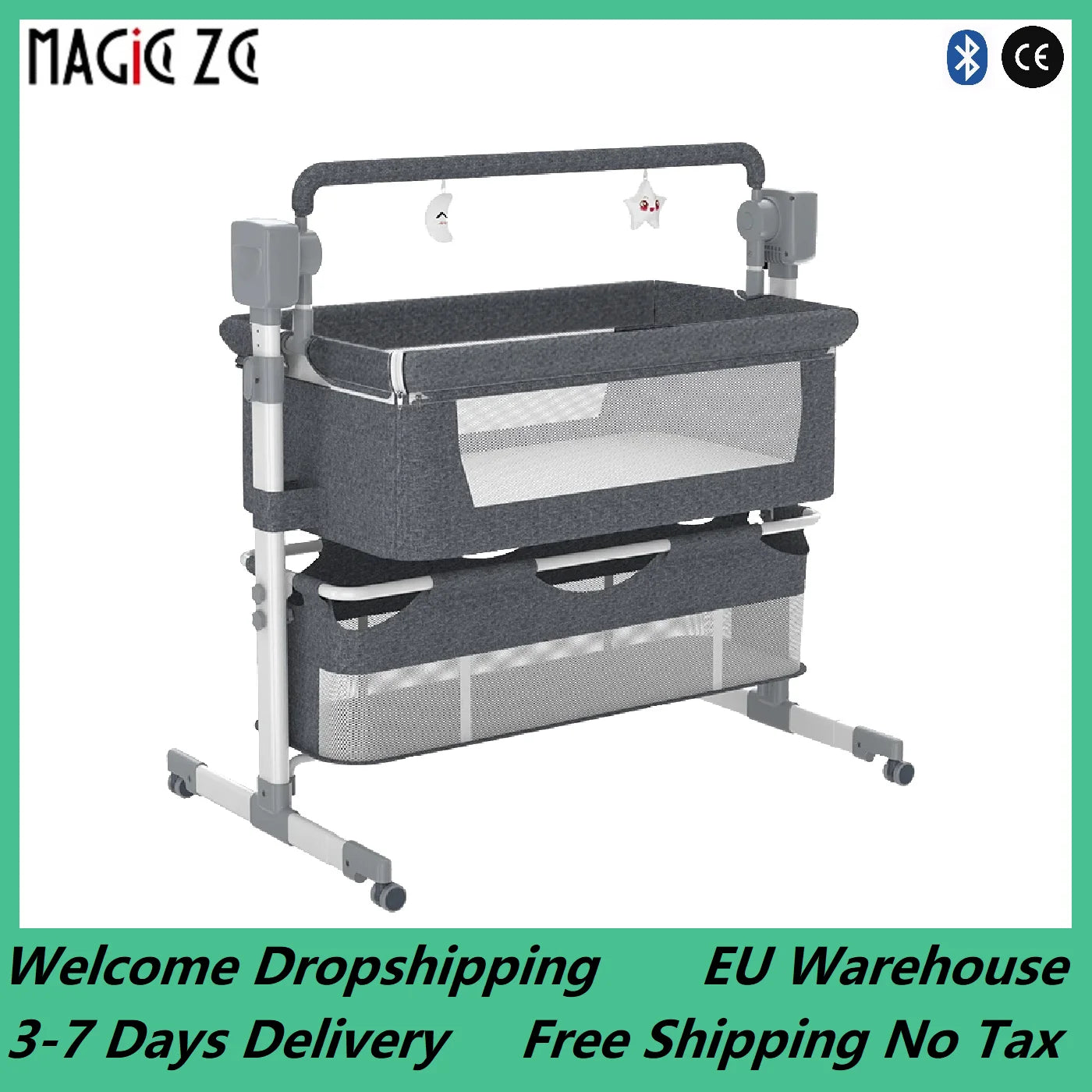 Electric Baby Crib, Bluetooth Luxury Portable, Easy to Clean Travel Bed with Mattress