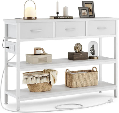 Entryway Table with Power Outlets and 3 Fabric Drawers
