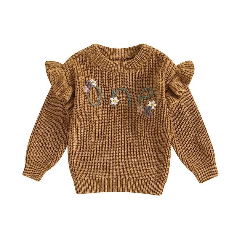 6-18 MO Birthday Sweater, Floral Letter Embroidery, Warm Knitted Pullover