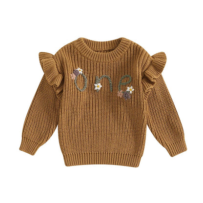 6-18 MO Birthday Sweater, Floral Letter Embroidery, Warm Knitted Pullover