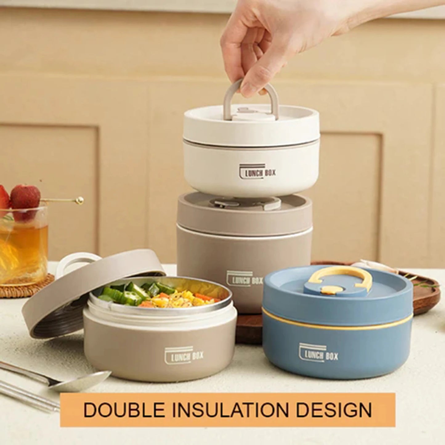 Round Picnic Lunchbox with Folding Handle stainless steel Food Containers