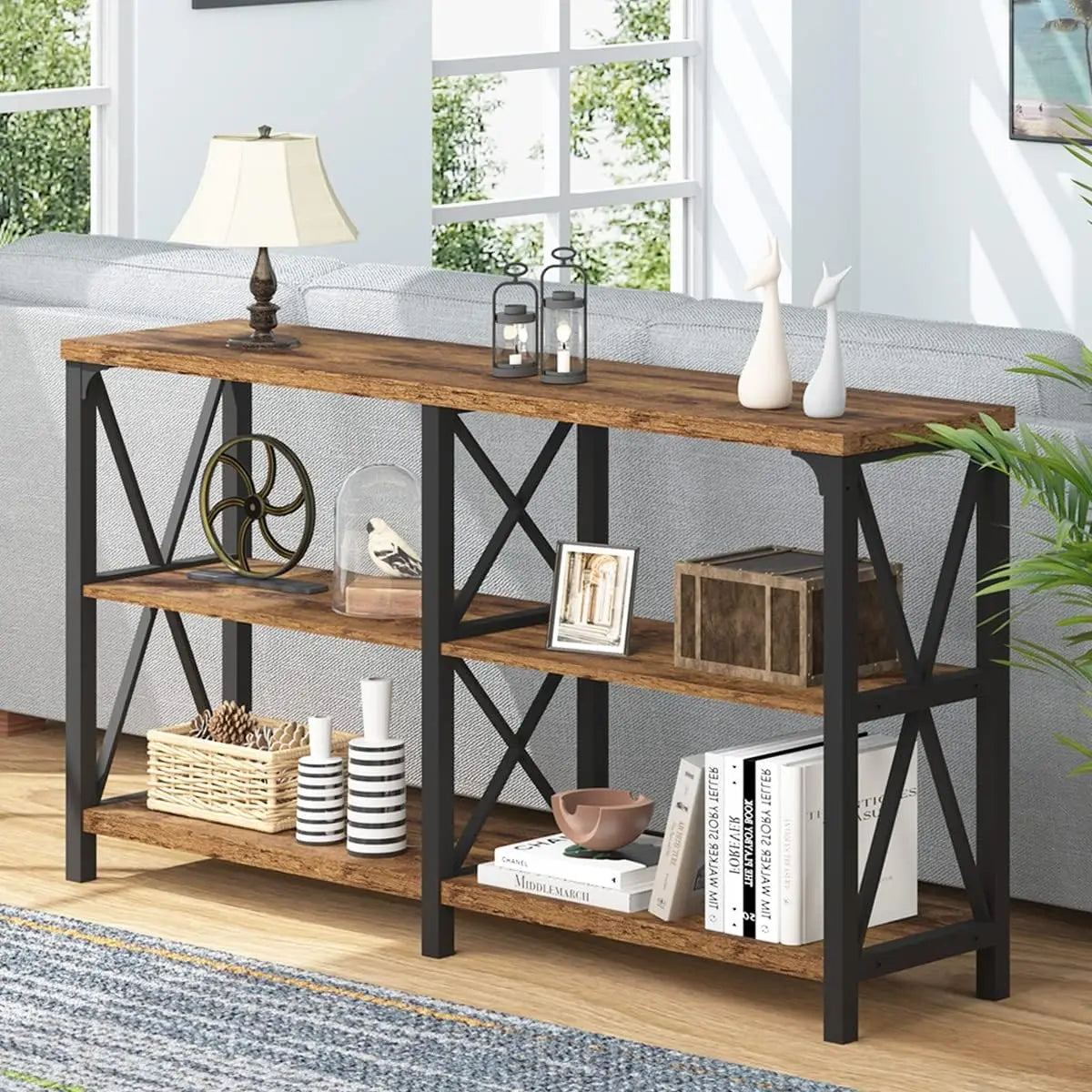 Modern Rustic 3 Tier Industrial Metal Wood Entry Table with Storage Shelves,
