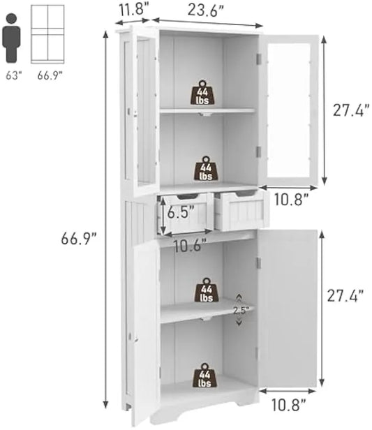 67" Freestanding Storage Cabinet with Glass Door and Adjustable Shelves