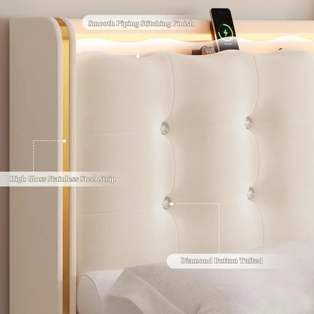 Upholstered Full LED Bed Frame with Charging Station and Storage Drawers, Platform Bed Frames