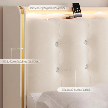 Upholstered Full LED Bed Frame with Charging Station and Storage Drawers, Platform Bed Frames