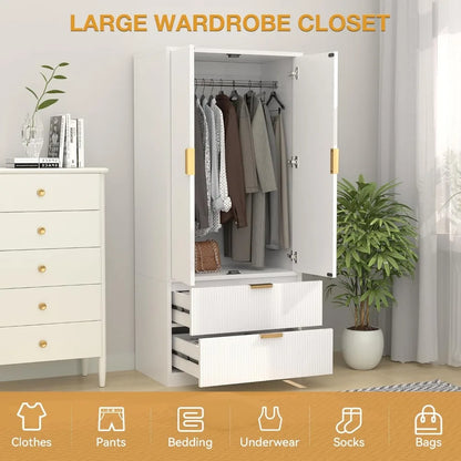 70" Wardrobe Closet with 2 Doors and 2 Drawers, with Hanging Rod