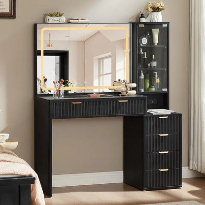43.5'' Vanity Desk with Mirror and Lights, with 6 Drawers and Adjustable Shelves, Glass Top