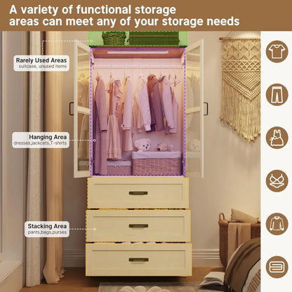 75" 2 Door Armoire Wardrobe Closet with 3 Drawers and LED
