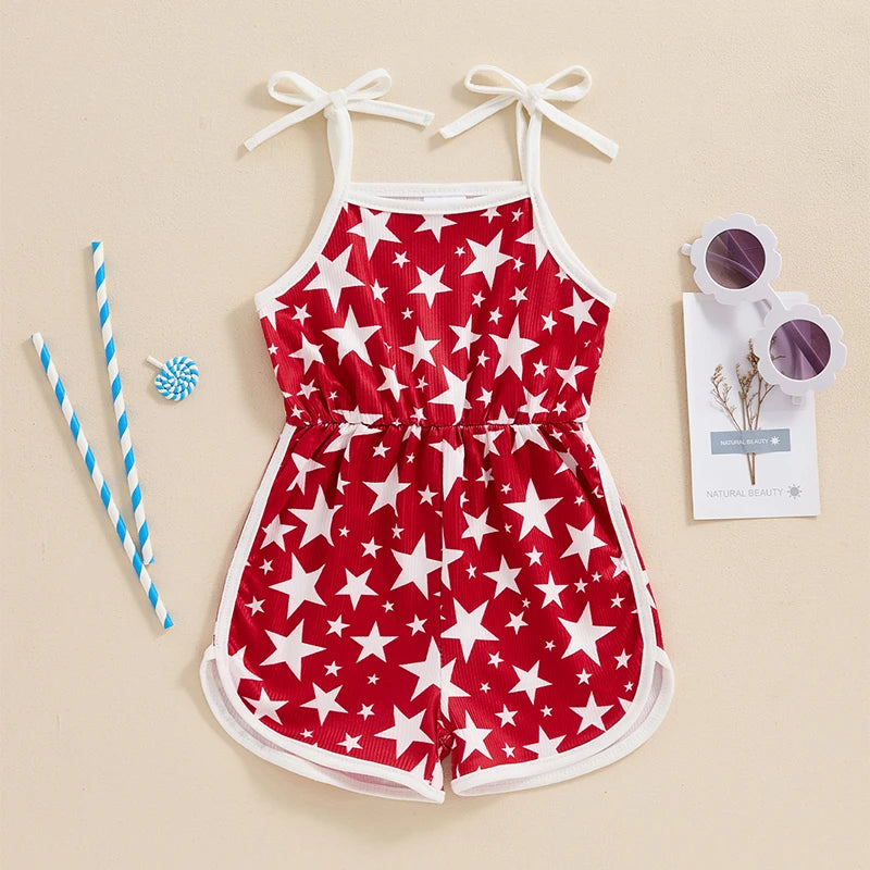 18MO-5T Girls Jumpsuit Tie-up Spaghetti Straps Stars Print Romper 4th of July