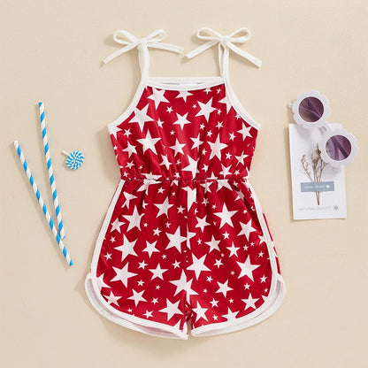 18MO-5T Girls Jumpsuit Tie-up Spaghetti Straps Stars Print Romper 4th of July