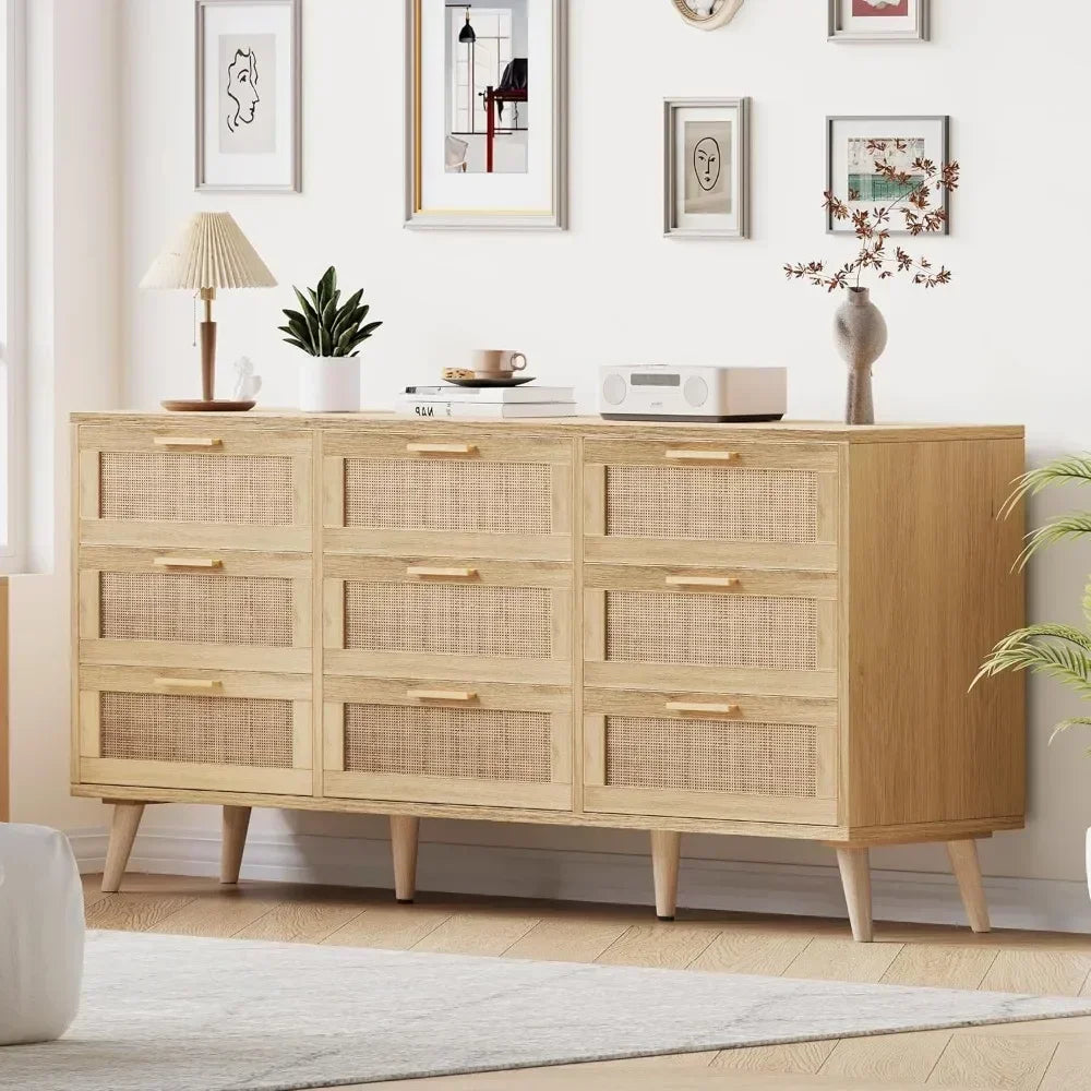 9 Drawer Double Dresser with Golden Handles