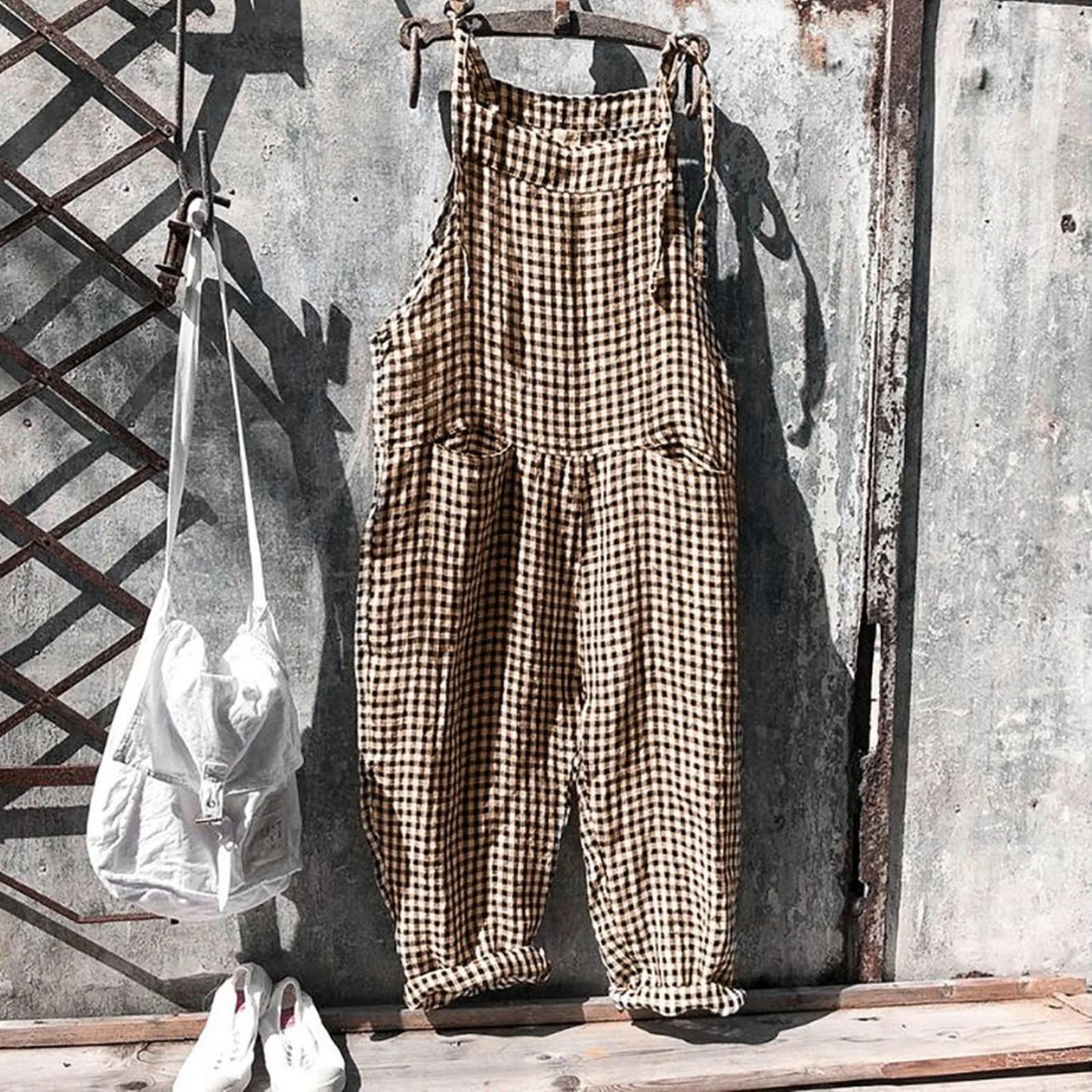 Casual Striped Overalls, Loose Fit, Suspenders, Wide Leg Pants With Pockets