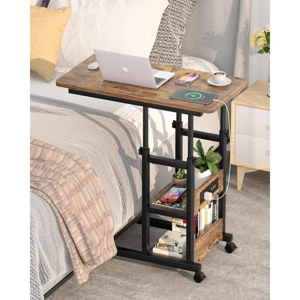 C Shaped Adjustable Height End Table  with Charging Station, TV Tray with Wheels Slide Under Sofa/Bed
