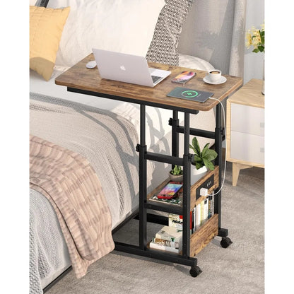 C Shaped Adjustable Height End Table  with Charging Station, TV Tray with Wheels Slide Under Sofa/Bed