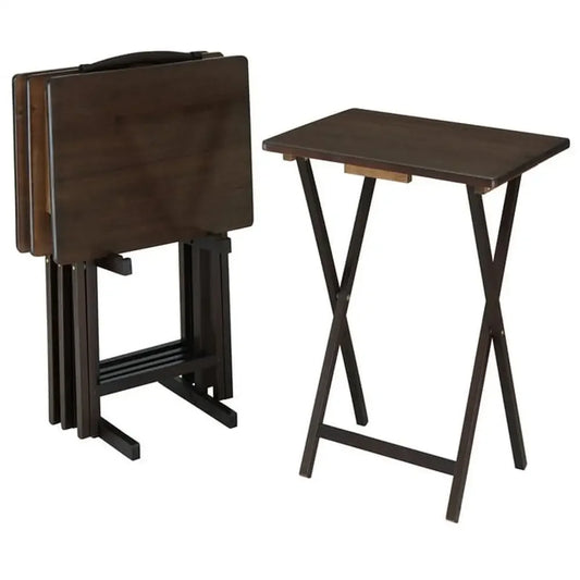 Folding TV Table Set 5 Tables 1 Rack Stand Walnut Rubberwood Tray Table 26"