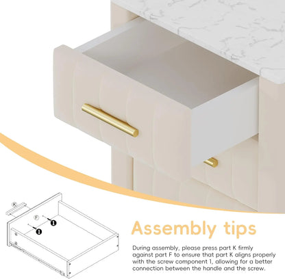 Nightstand with Drawers Set of 2, Upholstered Wood with Marbling Top