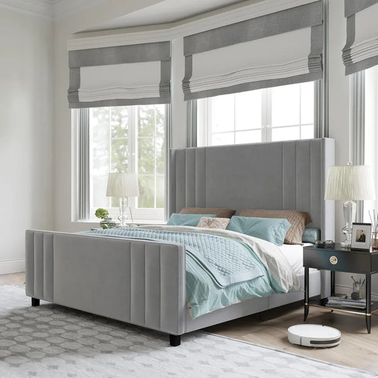 Velvet Upholstered Platform Bed with Vertical Channel Tufted Headboard & Footboard/Wingback, Mattress Foundation with Wood Slat