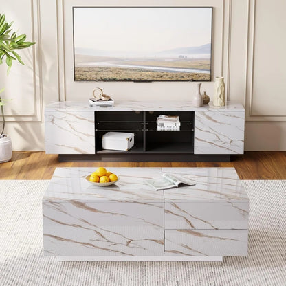 LED Coffee Table, 43" UV High Gloss Table with 2 Drawers & Hidden Storage Compartment & Open Compartments