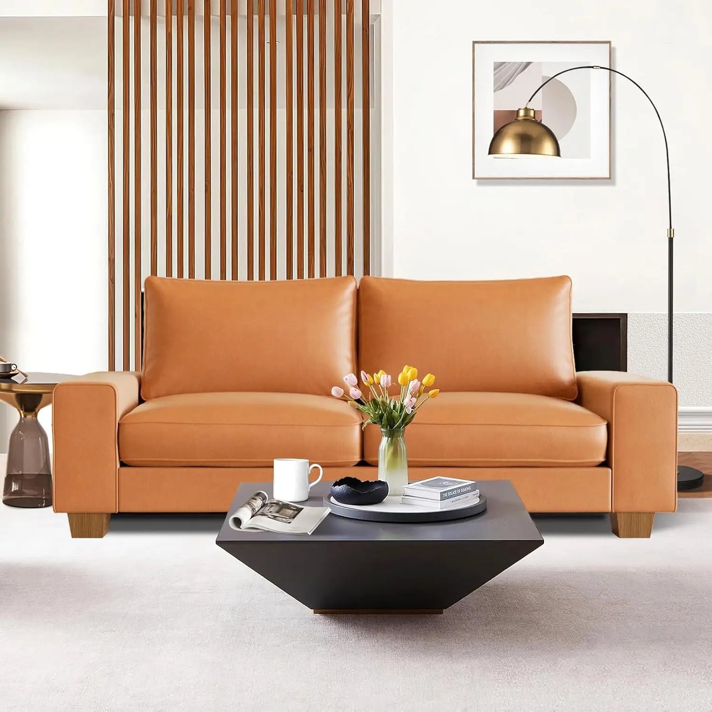 Faux Leather Comfy Loveseat Sofa with Wide Arm, Side Pockets, Solid Wooden Frame