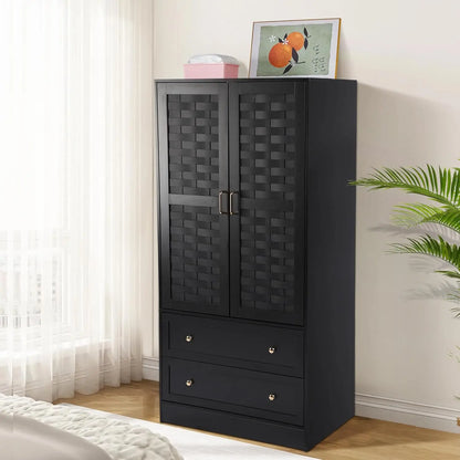 Armoire Wardrobe Closet with 2 Woven Doors, Wardrobe Cabinet with 2 Storage Drawers