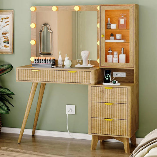 Fluted 45" Glass Top Makeup Table with 5 Drawers, Power Outlet & Storage Cabinet,