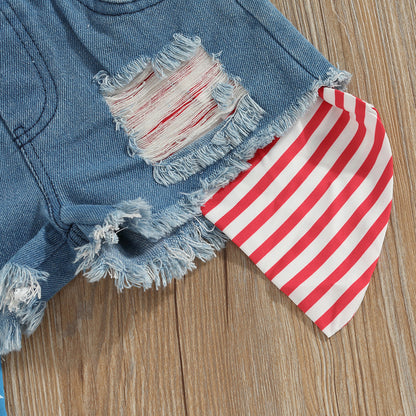 2Pc 2T-6T Toddler Girl  Independence Day Summer Set, Knit Vest Top Denim Shorts