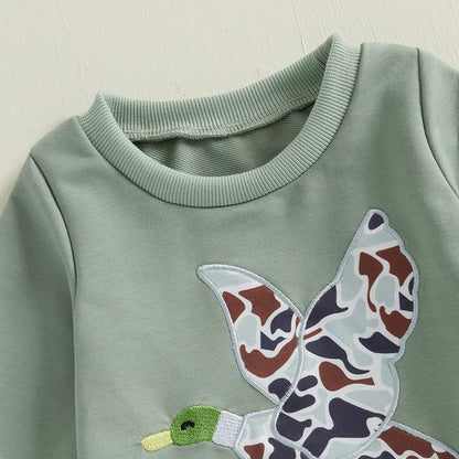6MO-3T Spring Kids/Baby Boy Outfit Sets, Long Sleeve Duck Embroidery Pullover, Camouflage Pants