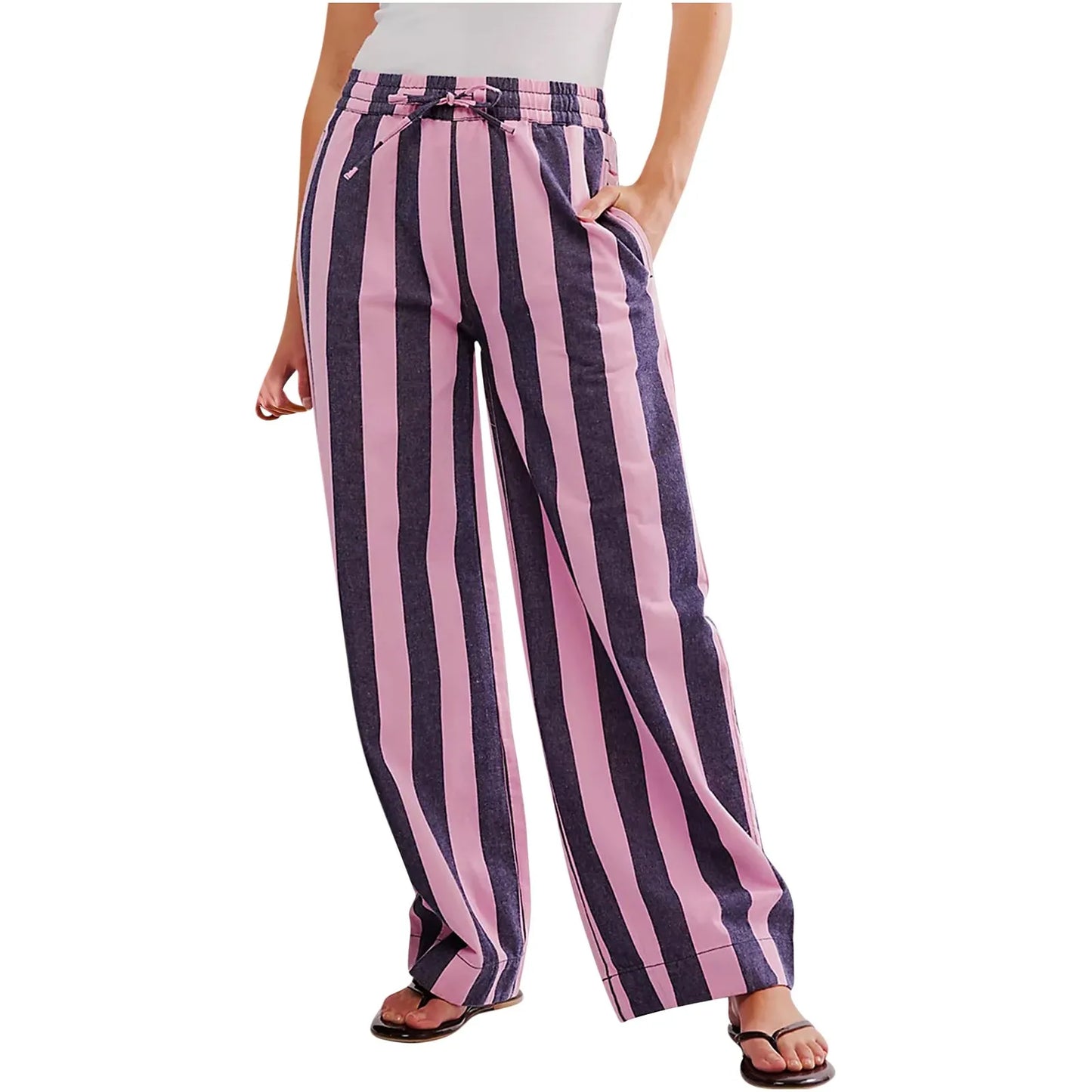 Women Casual Baggy Trousers, Striped Color Blocking, High Waist, Wide Leg, Pockets