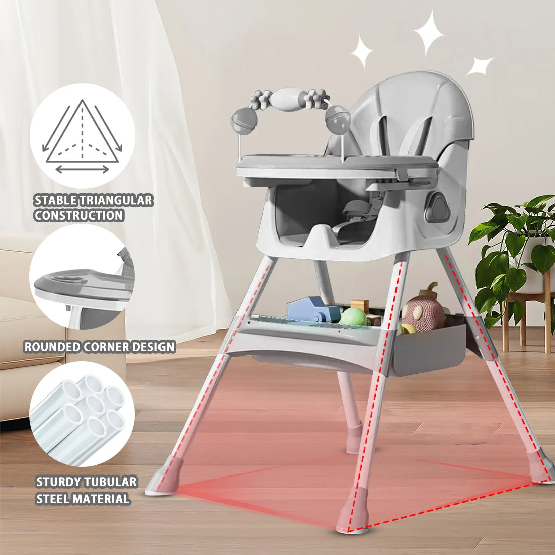 Foldable Baby High Chair, 6 Months Plus, with Large Anti-slip Pad & Toy Rack,, Easy to Clean Feeding