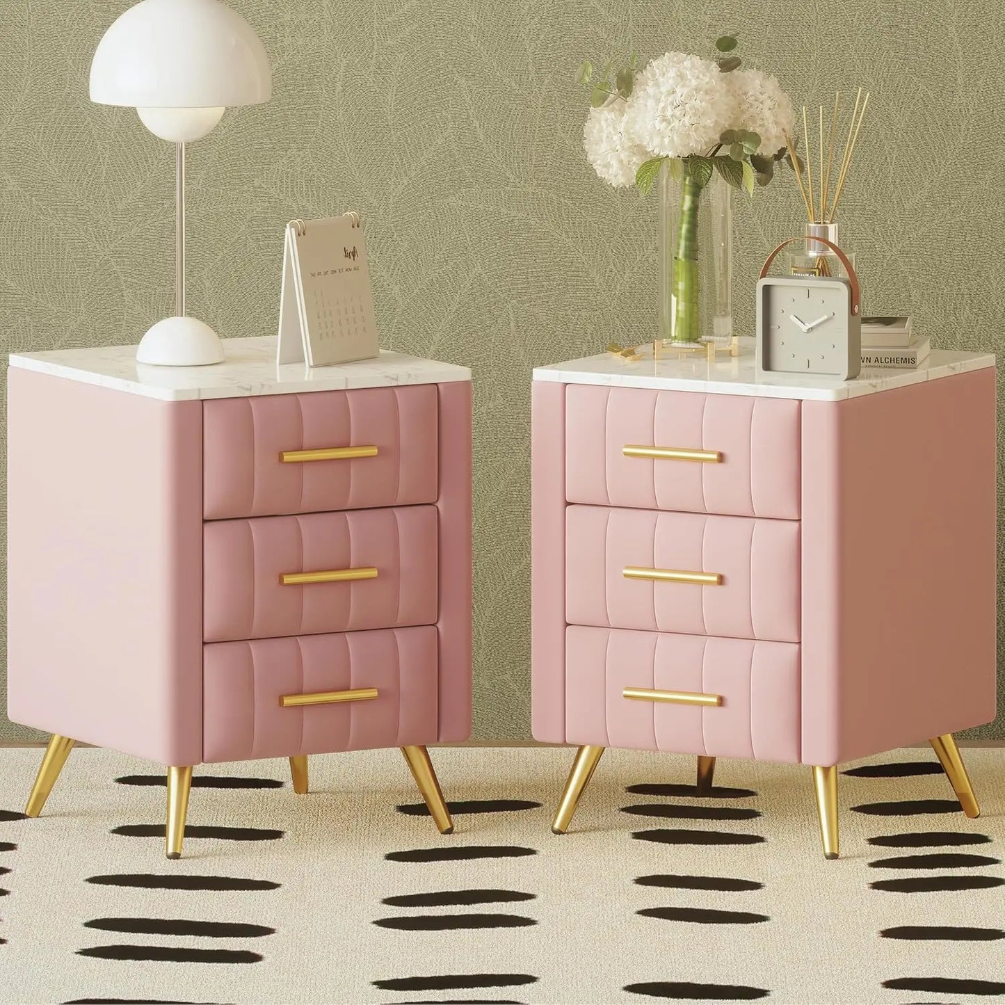 Nightstand with Drawers Set of 2, Upholstered Wood with Marbling Top