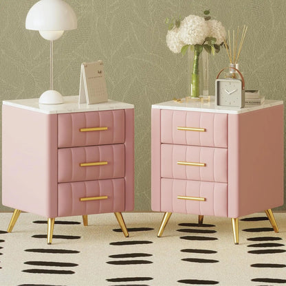 Nightstand with Drawers Set of 2, Upholstered Wood with Marbling Top