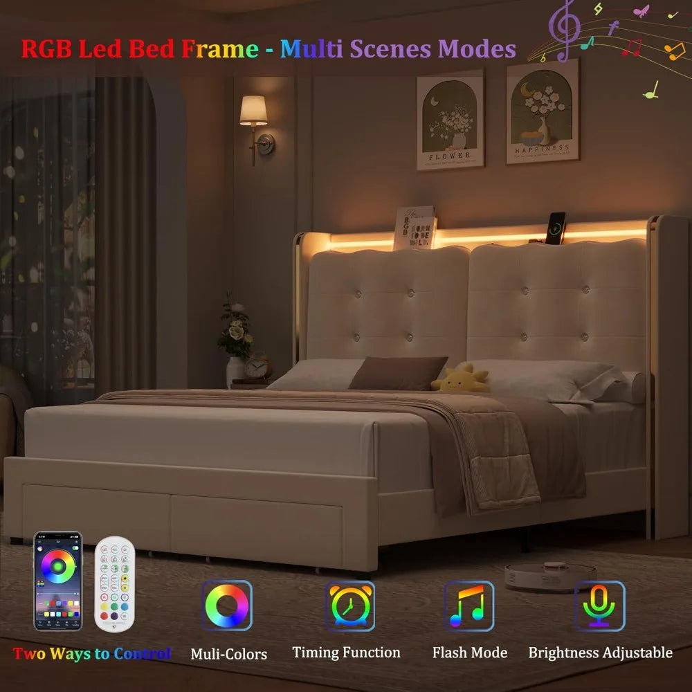 Upholstered Full LED Bed Frame with Charging Station and Storage Drawers, Platform Bed Frames
