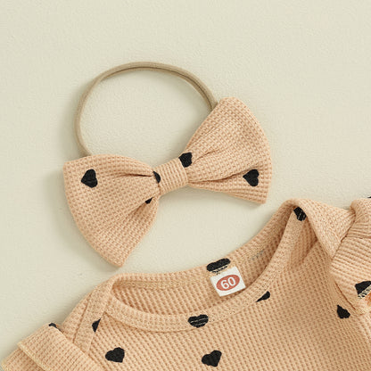 3-24MO Baby Girl Set Waffle Knit, Heart Long Sleeve Romper Pants Headband