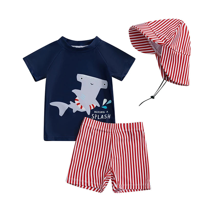 3Pcs, 0MO-4Y Boy Swimsuit Set, Shark Print Short Sleeve, Rash Guard Swim Top, Short, Sun Hat,