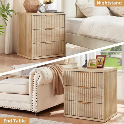 Set of 2, 23" Wide Night Stand with Charging Station, 3 Drawers w/Metal Handle