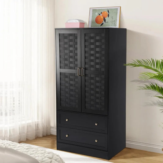 Armoire Wardrobe Closet with 2 Woven Doors, Wardrobe Cabinet with 2 Storage Drawers