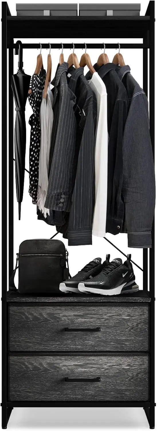 Clothing Rack with Drawers, Wood Top, Steel Frame, & Fabric Drawers