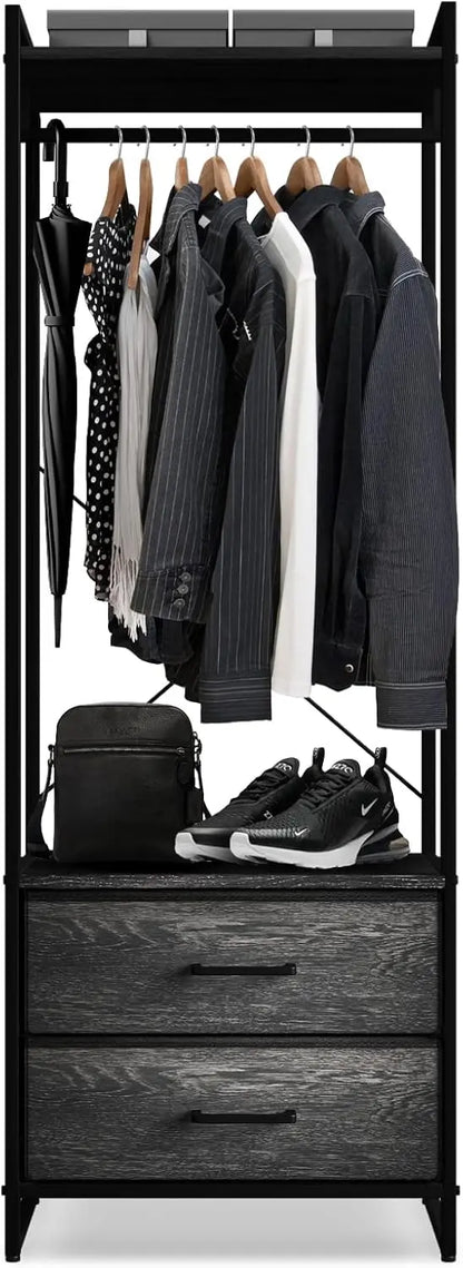 Clothing Rack with Drawers, Wood Top, Steel Frame, & Fabric Drawers