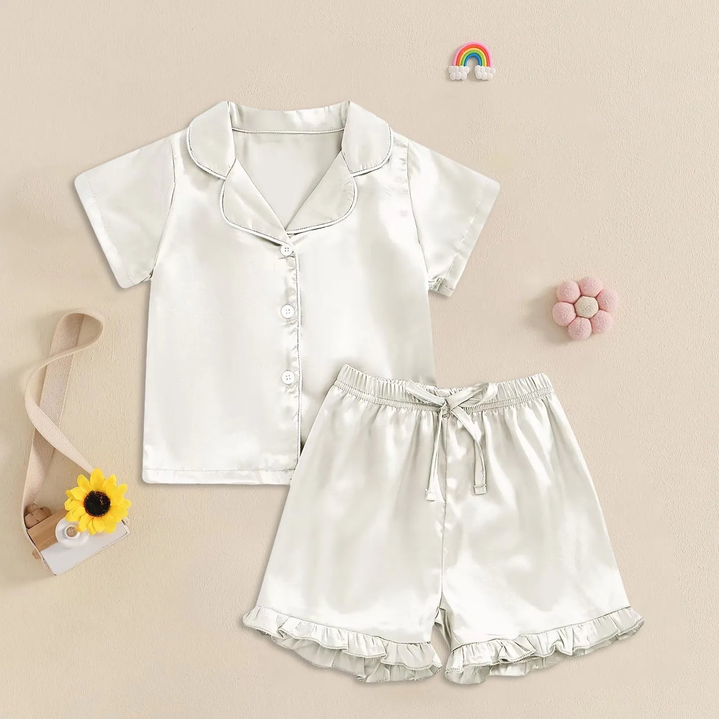 1Y-13Y Silk Pajamas Girl Satin Summer Feather Pajamas Short Sleeve