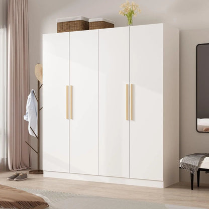 4 Door Wardrobe Armoires w/Storage Shelves, w/Hanging Rod, Wooden Handles