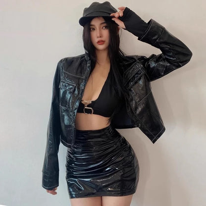 Women's Sexy Slim Pencil Skirt, Pu Leather Bodycon Shiny Black Short Skirt,  Classic High Waisted