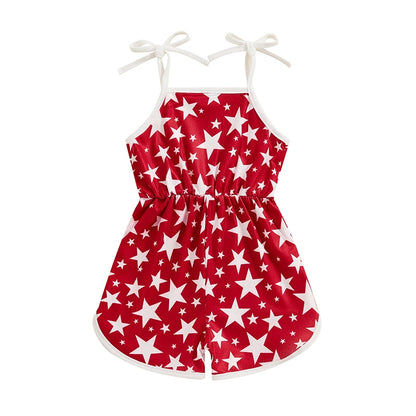 18MO-5T Girls Jumpsuit Tie-up Spaghetti Straps Stars Print Romper 4th of July
