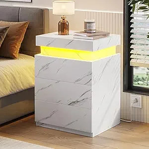Side stand with Charging Station and LED Lights, Sliding Top, Drawers